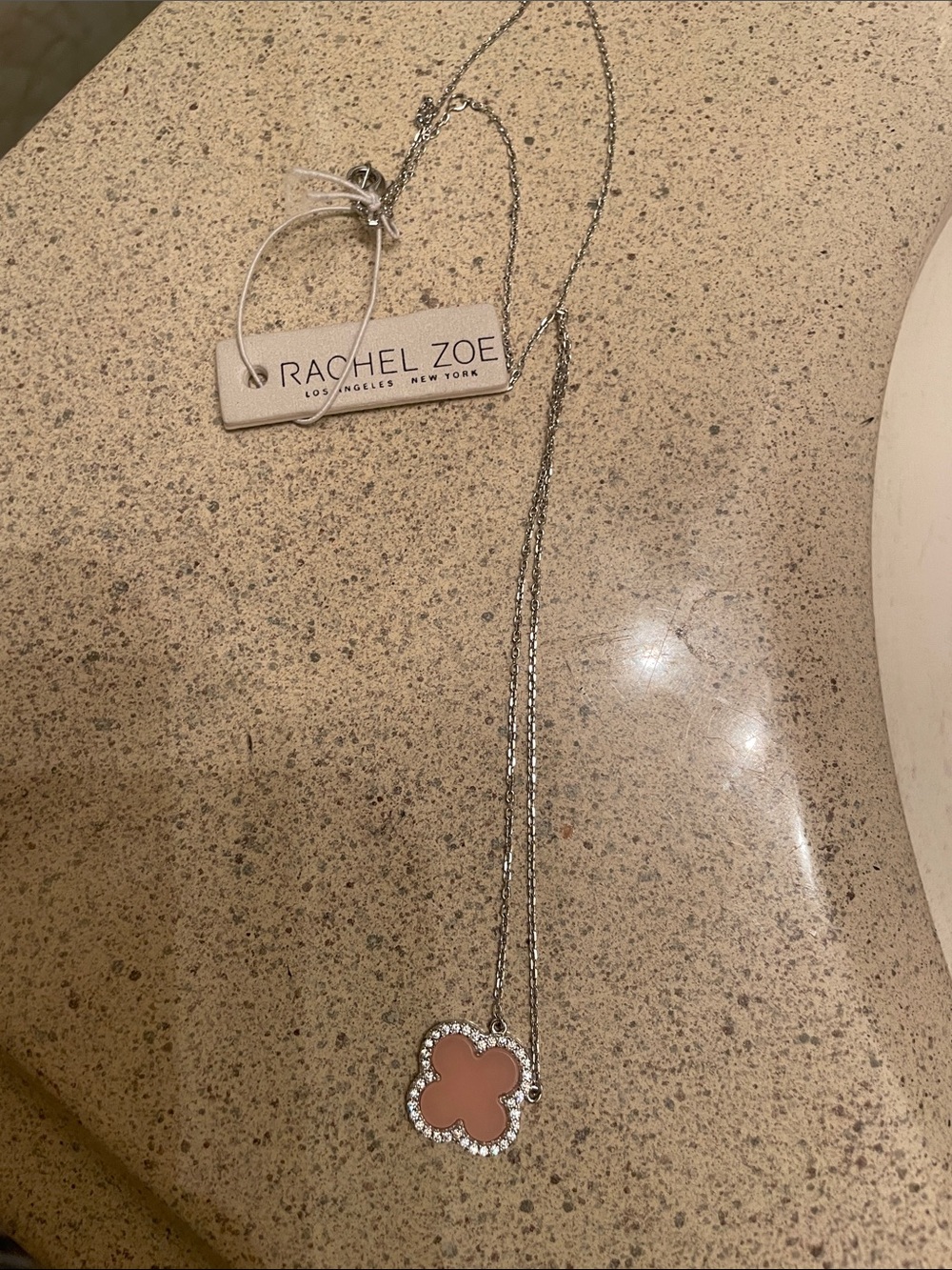Rachel Zoe Silver Chain Necklace with Pink Clover Crystal Halo Pendant